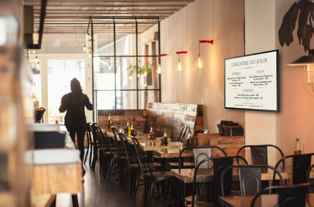 Affichage dynamique dans un restaurant avec dans l'écran le menu du jour automatiquement mis à jour